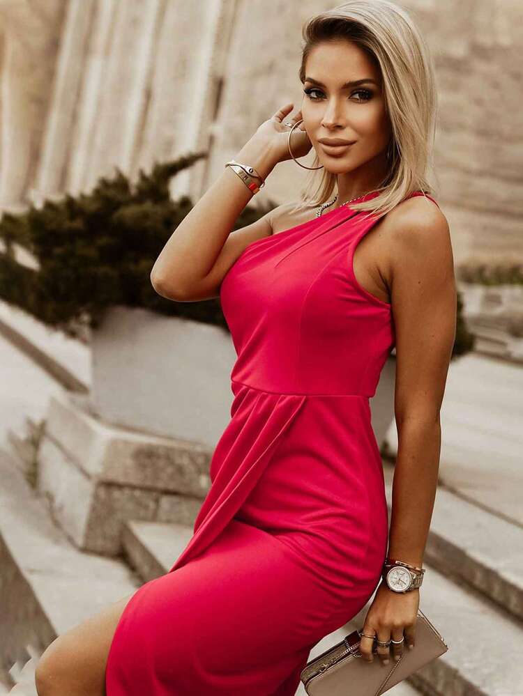 Solid Ruched Cut Out Wrap Hem Dress - Red - View 4