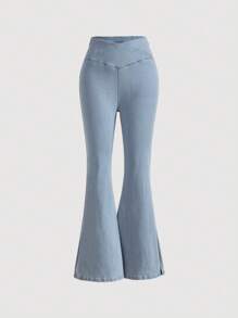 SHEIN MOD Solid Flare Leg Jeans - Light Wash - View 1