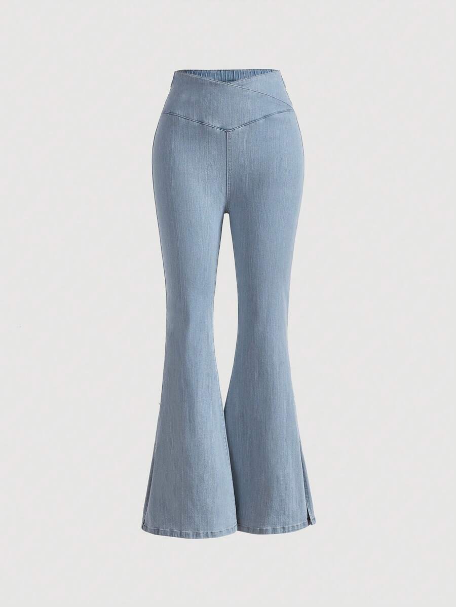 SHEIN MOD Solid Flare Leg Jeans - Light Wash - View 1