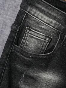 SHEIN Boys Ripped Frayed Bleach Wash Denim Shorts - Black - View 3