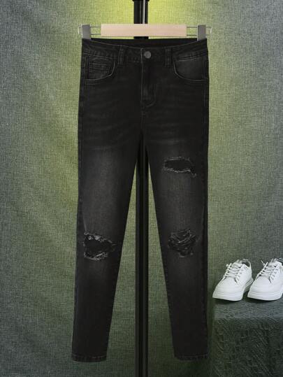 SHEIN 男孩破洞抽鬚漂白水洗牛仔褲