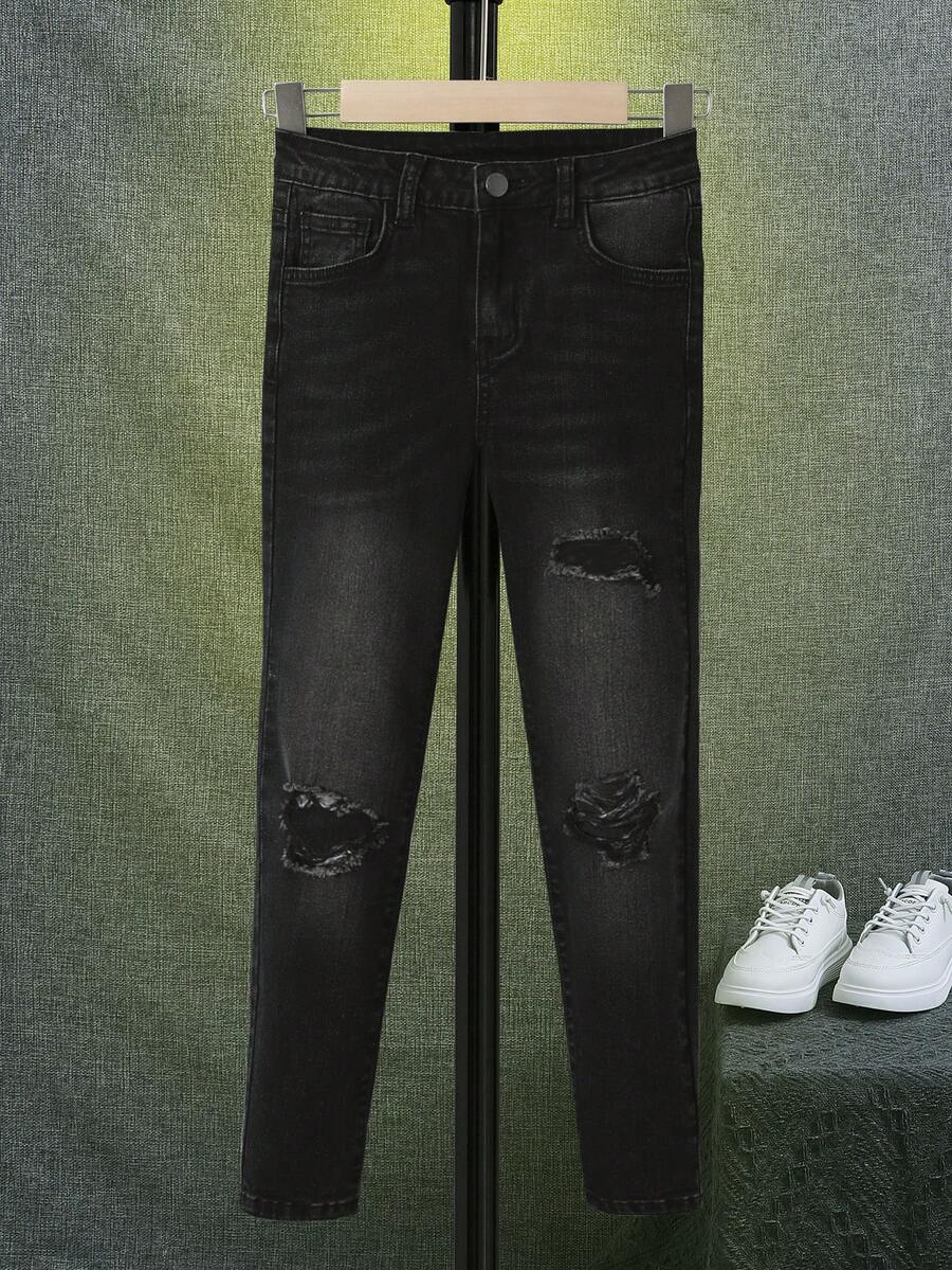 SHEIN 男孩破洞抽鬚漂白水洗牛仔褲 - 黑色 - 查看 1