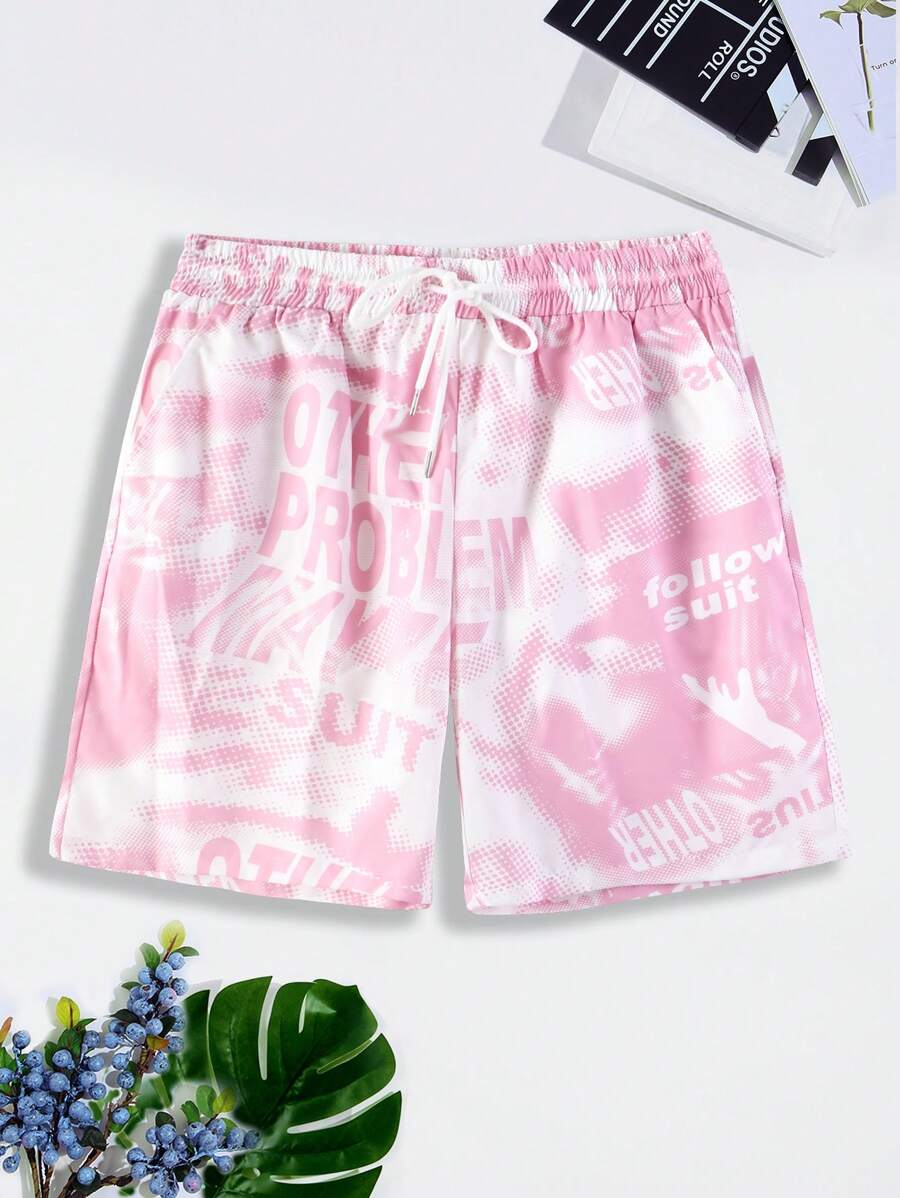 Manfinity EMRG Nam Ngẫu nhiên Đồ họa Chữ cái Eo dây rút Quần short - Màu Hồng baby - Xem 1