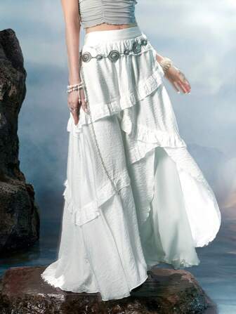 Fairycore Mermaid Solid Ruffle Trim Asymmetrical Hem Skirt