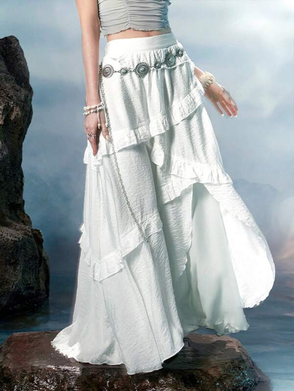 Fairycore Mermaid Solid Ruffle Trim Asymmetrical Hem Skirt