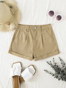 SHEIN 青少年女孩卷邊牛仔短褲 - 卡其色 - 查看 1