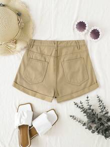 SHEIN 青少年女孩卷邊牛仔短褲 - 卡其色 - 查看 2