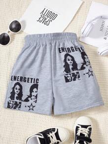 SHEIN Tween Girl Letter & Figure Graphic Shorts - Grey - View 1