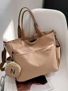 Simple Large Capacity Canvas Bag, Lightweight Shoulder Bag For Travel With Mini Zipper Purse Letter Graphic Shopper Bag With Coin Purse - Khaki - View 1