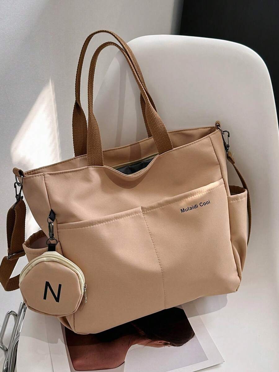 Simple Large Capacity Canvas Bag, Lightweight Shoulder Bag For Travel With Mini Zipper Purse Letter Graphic Shopper Bag With Coin Purse - Khaki - View 1