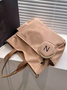 Simple Large Capacity Canvas Bag, Lightweight Shoulder Bag For Travel With Mini Zipper Purse Letter Graphic Shopper Bag With Coin Purse - Khaki - View 5