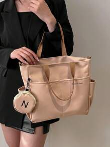 Simple Large Capacity Canvas Bag, Lightweight Shoulder Bag For Travel With Mini Zipper Purse Letter Graphic Shopper Bag With Coin Purse - Khaki - View 6