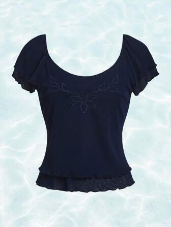 Fairycore Mermaid Floral Embroidery Lettuce Trim Top