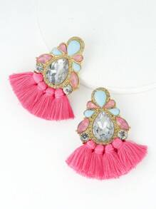 1 Đôi Bohemian Tua Rua & Rhinestone Trang Trí Bông Tai Giọt Dành Cho Nữ Cho Kỳ Nghỉ - Màu Hồng Tươi - Xem 3