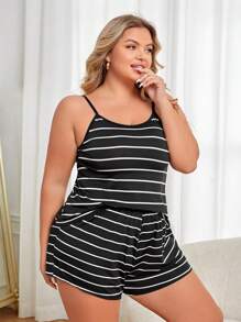 Plus Striped Print Cami Top & Shorts PJ Set / Pajama Set - Black and White - View 4