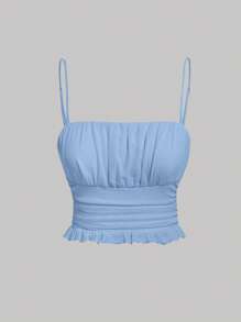 SHEIN MOD 胸部褶皺荷葉邊吊帶上衣 - 淺藍色 - 查看 1