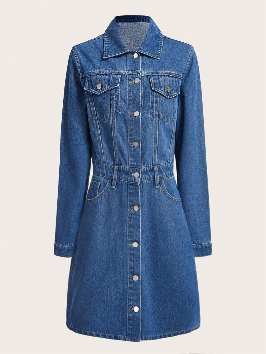 翻蓋口袋前紐扣牛仔裙不附腰帶 - 中等水洗藍 - 查看 1