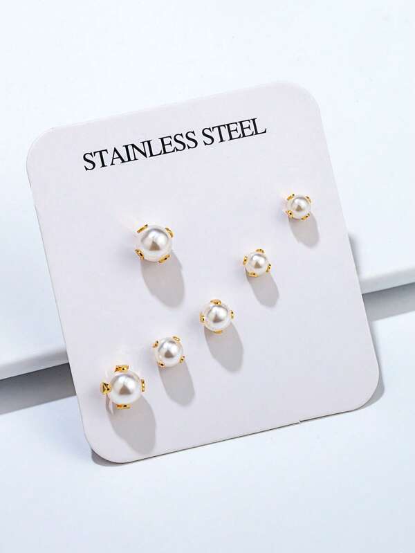 3pairs/Set Elegant Stainless Steel Faux Pearl Decor Stud Earrings For Women For Daily Decoration