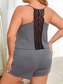 Conjunto de pijama shorts con top de tirantes con encaje en contraste - Gris - Ver 3