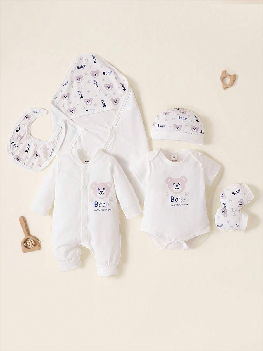 SHEIN 男婴童卡通圖案連體衣和連身褲和毯子和帽和圍兜和手套 - 白色 - 查看 1