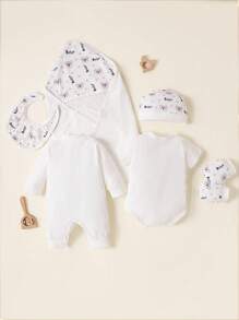 SHEIN 男婴童卡通圖案連體衣和連身褲和毯子和帽和圍兜和手套 - 白色 - 查看 2