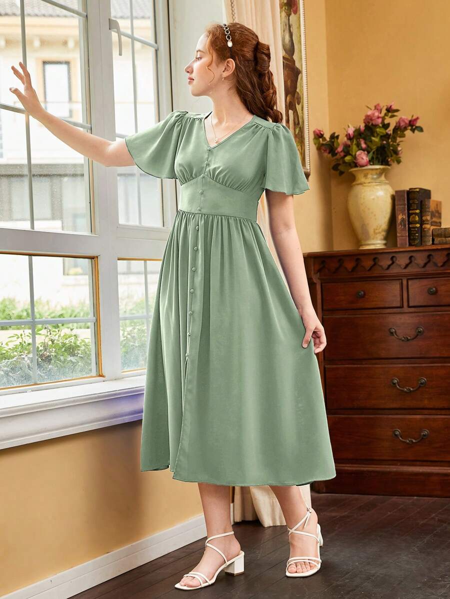 SHEIN Teen Girls Butterfly Sleeve Button Front Dress - Mint Green - View 1