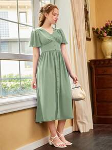SHEIN Teen Girls Butterfly Sleeve Button Front Dress - Mint Green - View 3