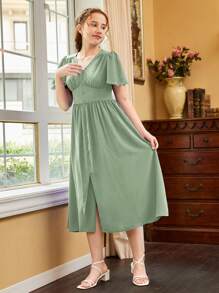 SHEIN Teen Girls Butterfly Sleeve Button Front Dress - Mint Green - View 5