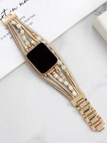 1pc Layered WatchBand Compatible With Apple Watch Band 38mm 40mm 41mm 42mm 44mm 45mm 49mm Gold Cylindrical Beaded Metal Apple Watch Strap Compatible With Apple Watch Series 9 8 7 6 5 4 3 2 1 SE Ultra 2