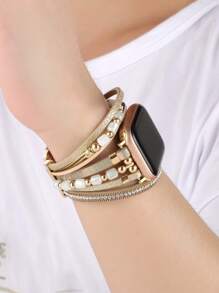 1pc Layered WatchBand Compatible With Apple Watch Band 38mm 40mm 41mm 42mm 44mm 45mm 49mm Gold Cylindrical Beaded Metal Apple Watch Strap Compatible With Apple Watch Series 9 8 7 6 5 4 3 2 1 SE Ultra 2