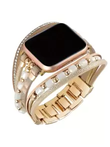 1pc Layered WatchBand Compatible With Apple Watch Band 38mm 40mm 41mm 42mm 44mm 45mm 49mm Gold Cylindrical Beaded Metal Apple Watch Strap Compatible With Apple Watch Series 9 8 7 6 5 4 3 2 1 SE Ultra 2
