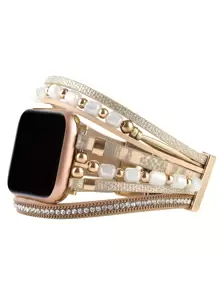 1pc Layered WatchBand Compatible With Apple Watch Band 38mm 40mm 41mm 42mm 44mm 45mm 49mm Gold Cylindrical Beaded Metal Apple Watch Strap Compatible With Apple Watch Series 9 8 7 6 5 4 3 2 1 SE Ultra 2