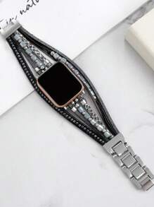 1入 TIFFY分層腕帶，適用於Apple Watch 38mm 40mm 41mm 42mm 44mm 45mm 49mm金色圓柱形串珠金屬Apple Watch錶帶，適用於Apple Watch Series 9 8 7 6 5 4 3 2 1 SE Ultra 2 - 黑色 - 查看 3