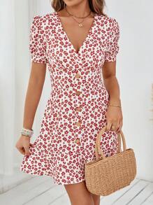 GENKIRA 碎花泡泡袖前紐扣連衣裙 - 彩色 - 查看 2