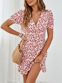 GENKIRA 碎花泡泡袖前紐扣連衣裙 - 彩色 - 查看 4