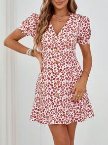 GENKIRA 碎花泡泡袖前紐扣連衣裙 - 彩色 - 查看 1