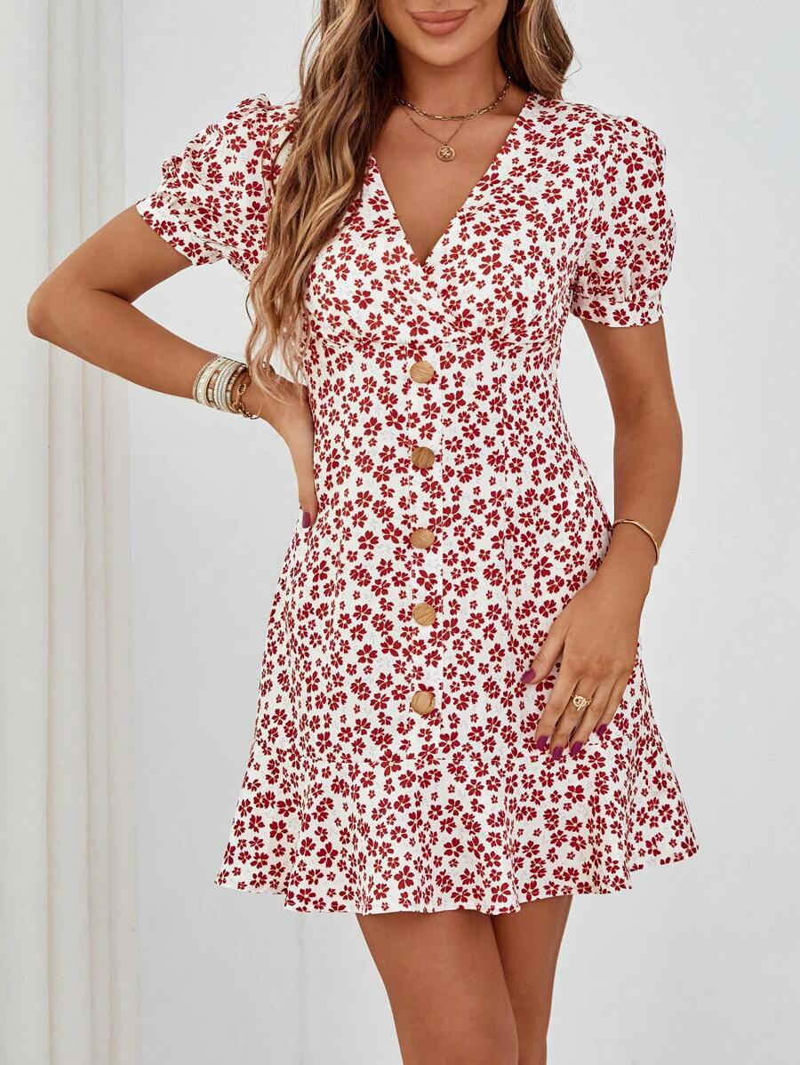 GENKIRA 碎花泡泡袖前紐扣連衣裙 - 彩色 - 查看 1