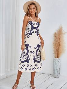 SHEIN VCAY Vestido de tirantes con estampado de dibujo bajo con fruncido - Multicolor - Ver 3