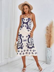 SHEIN VCAY Vestido de tirantes con estampado de dibujo bajo con fruncido - Multicolor - Ver 5