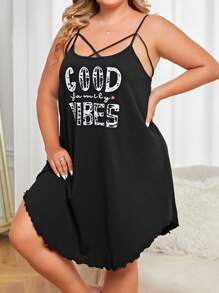 大碼標語圖案木耳邊吊帶睡裙