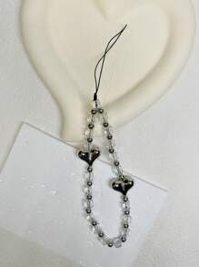 1pc Electroplated Heart Decor Beaded Phone Lanyard - Silver - View 2