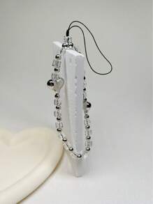 1pc Electroplated Heart Decor Beaded Phone Lanyard - Silver - View 4