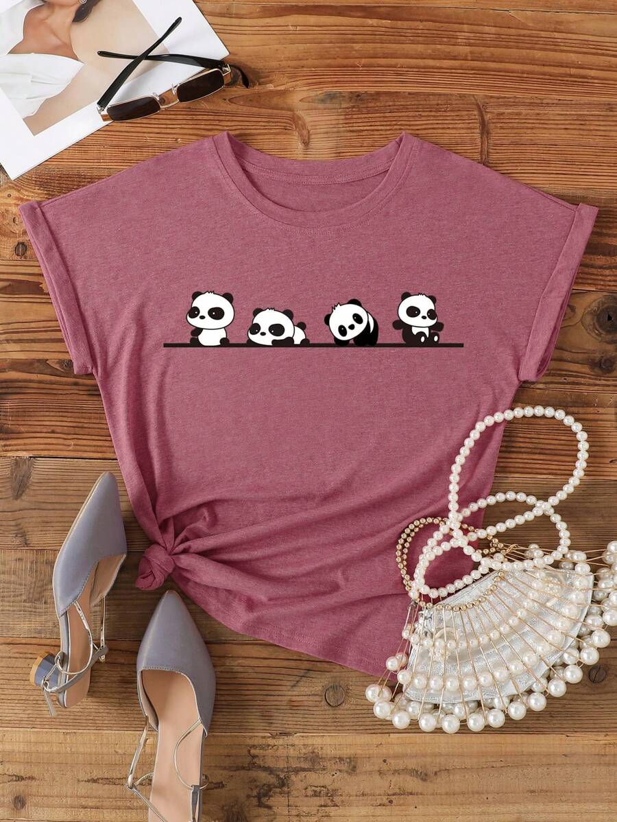 SHEIN LUNE 熊貓印花T恤 - 藕粉色 - 查看 1