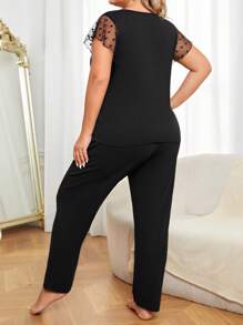 Conjunto de pijama de malla en contraste de manga mariposa - Negro - Ver 3