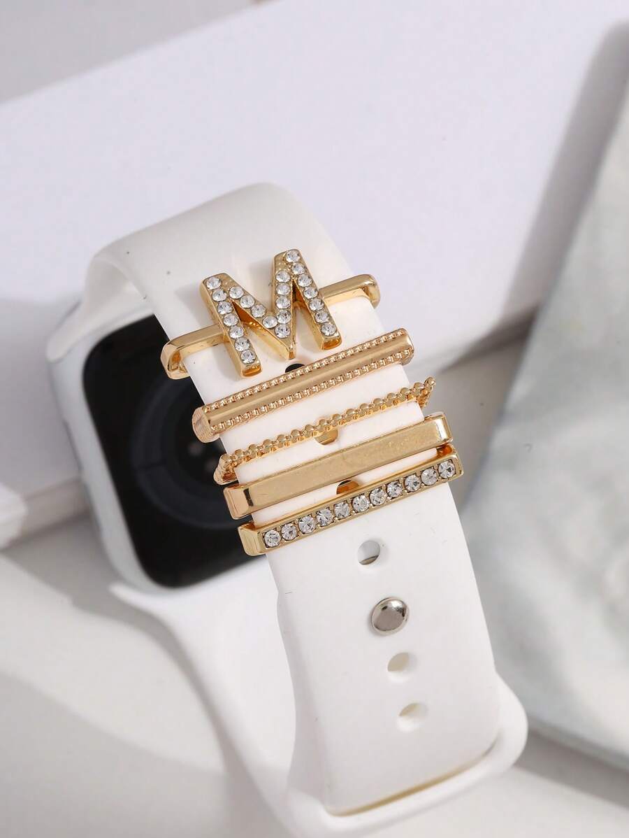5 piezas Anillo de banda de reloj de acero inoxidable con decoración de letras de rhinestone como regalo para estudiantes que regresan a la escuela - Dorado - Ver 1