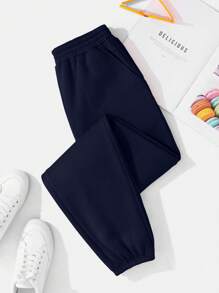 INAWLY Solid Elastic Waist Sweatpants - Navy Blue - View 1