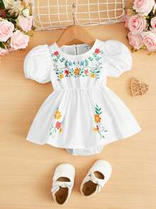 SHEIN Baby Floral Print Puff Sleeve Peplum Bodysuit Dress - White - View 1