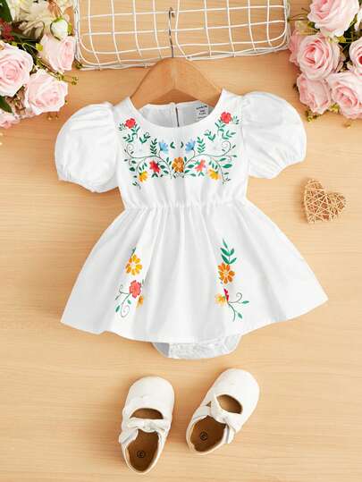 SHEIN Baby Floral Print Puff Sleeve Peplum Bodysuit Dress