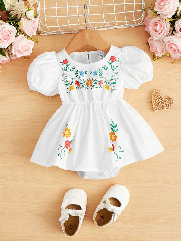 SHEIN 嬰兒印花泡泡袖荷葉邊下擺連體衣洋裝