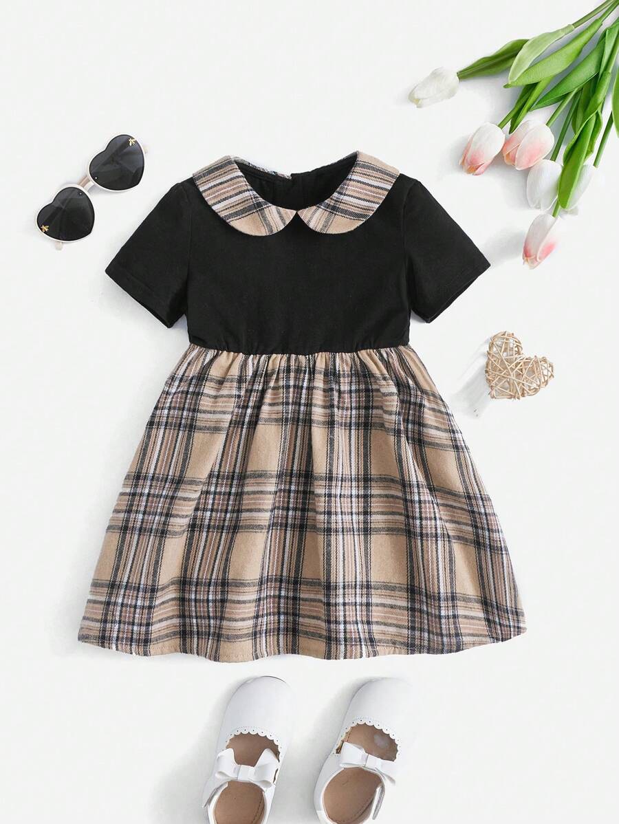 SHEIN 嬰兒格紋印花彼得潘領連衣裙 - 彩色 - 查看 1